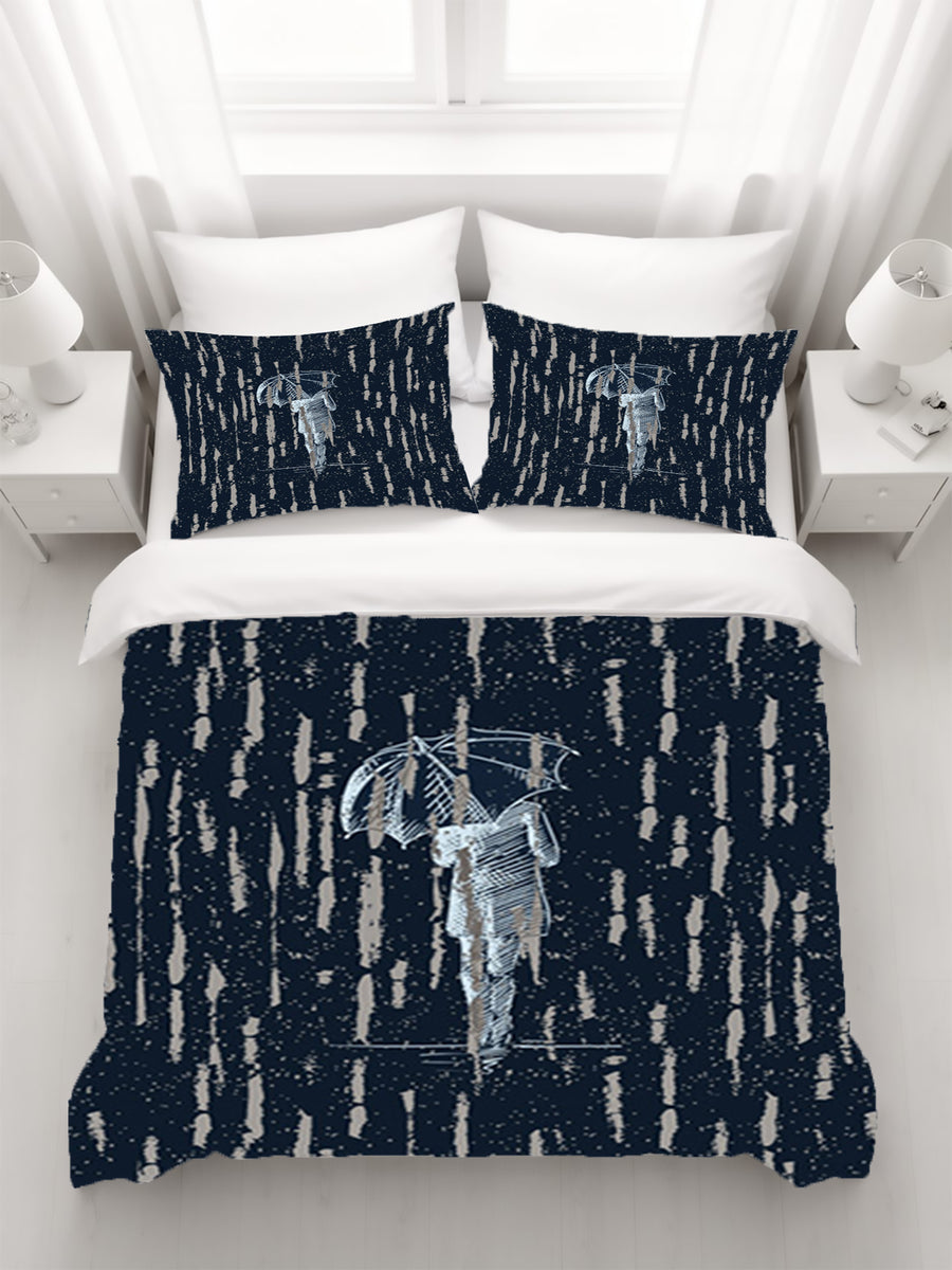 Navy Rainfall Umbrella Illustration Pattern Duvet Cover