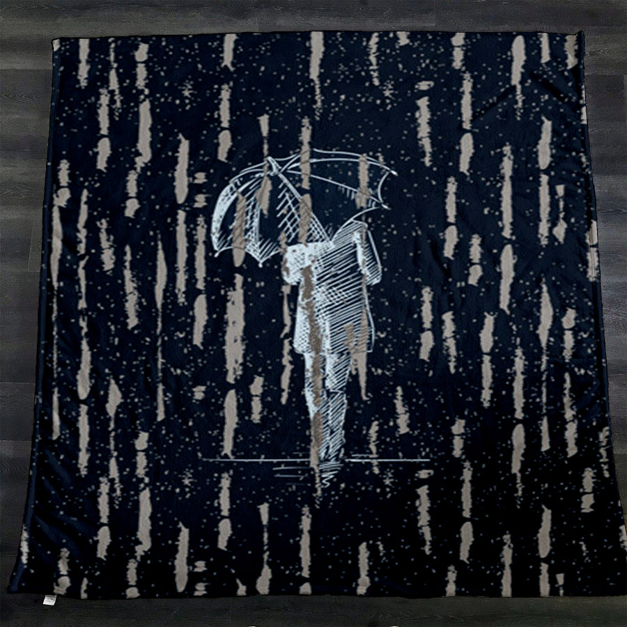 Navy Rainfall Umbrella Illustration Pattern Fleece Sherpa Blanket