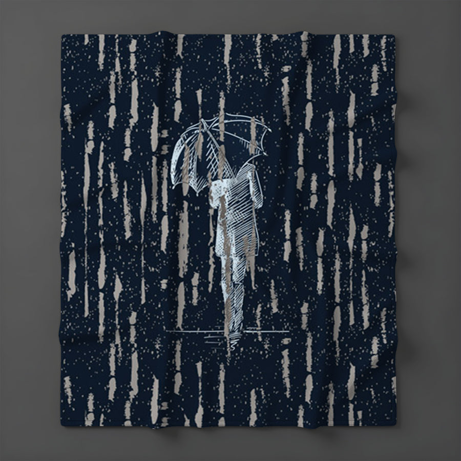 Navy Rainfall Umbrella Illustration Pattern Fleece Sherpa Blanket