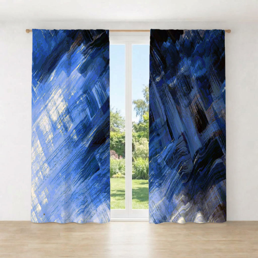 Blue Abstract Brushstroke Motion Pattern Window Curtains