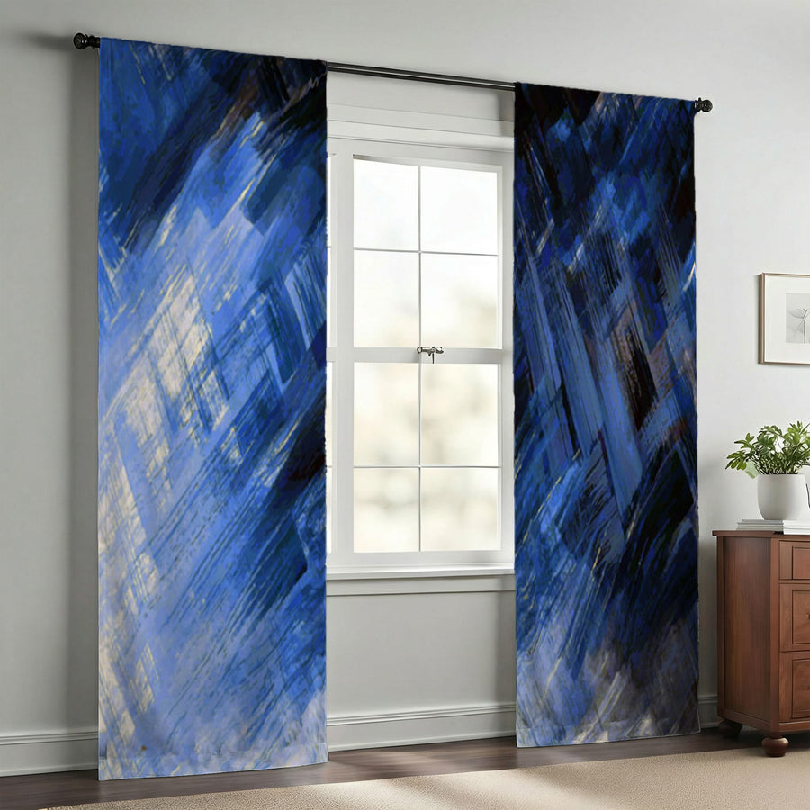 Blue Abstract Brushstroke Motion Pattern Window Curtains