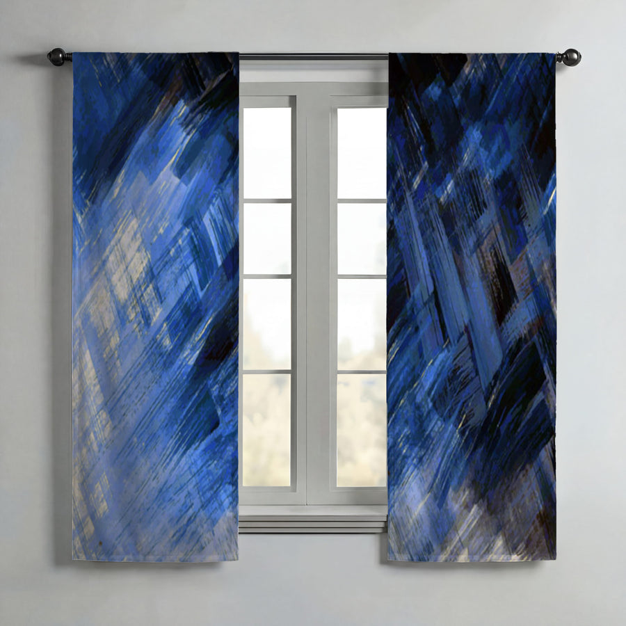 Blue Abstract Brushstroke Motion Pattern Window Curtains