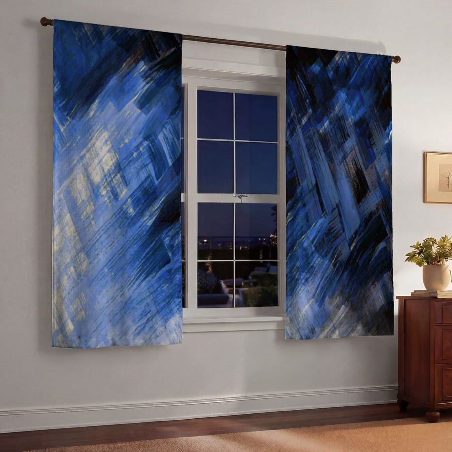Blue Abstract Brushstroke Motion Pattern Window Curtains