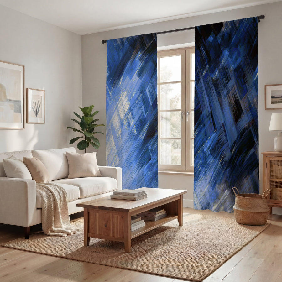 Blue Abstract Brushstroke Motion Pattern Window Curtains