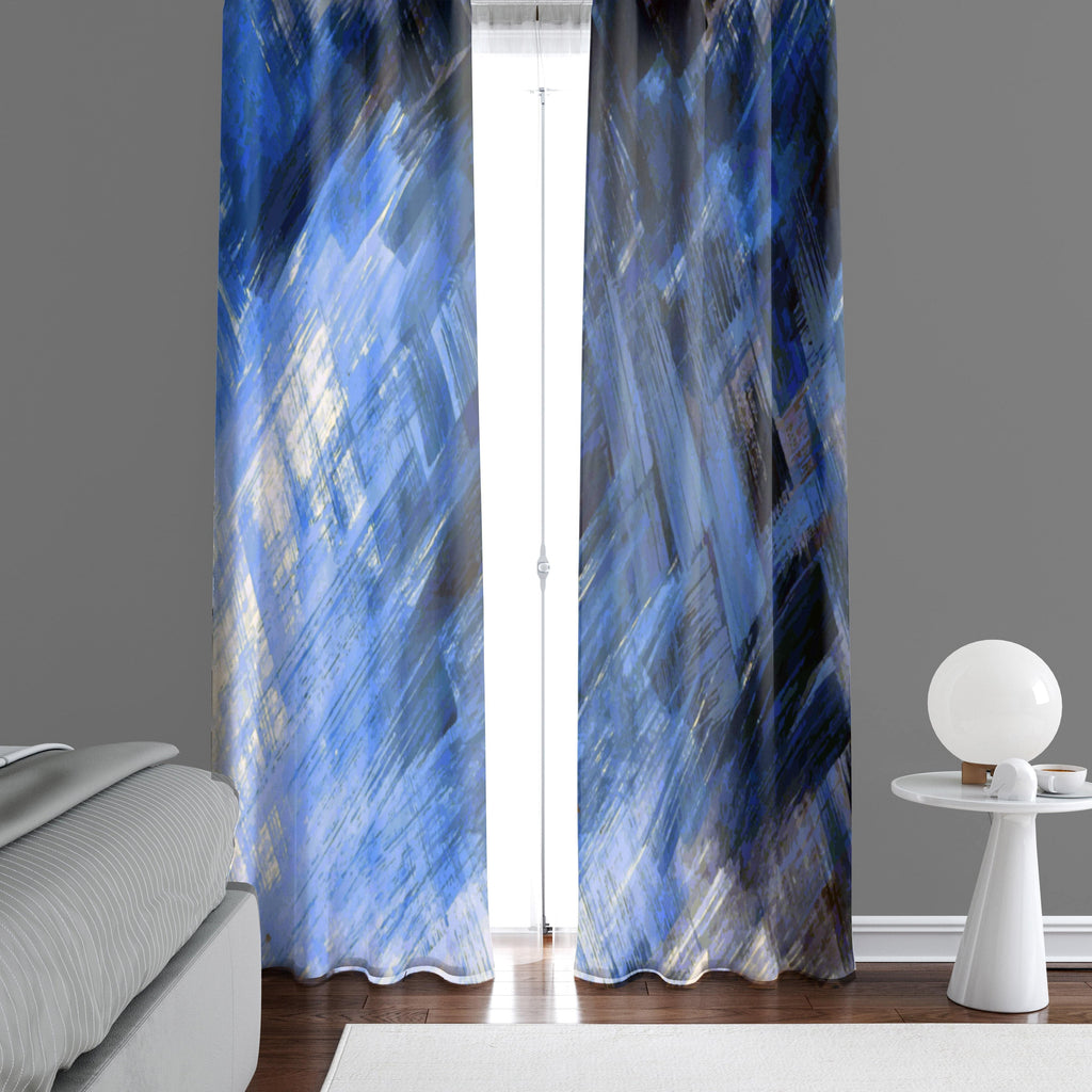 Abstract Blue and White Paint Brush Stroke Window Curtains - Deja Blue Studios