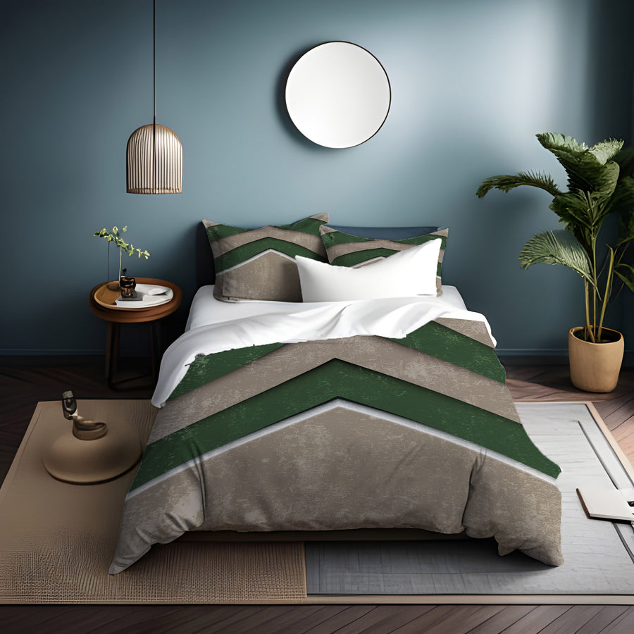 Green and Beige Chevron Geometric Pattern Duvet Cover