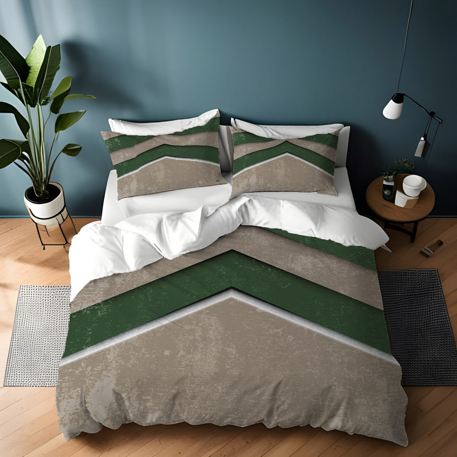 Green and Beige Chevron Geometric Pattern Duvet Cover