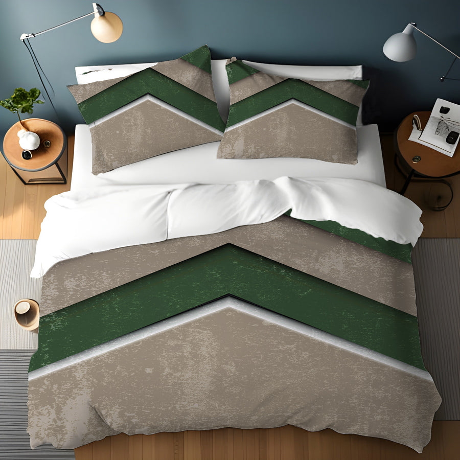 Green and Beige Chevron Geometric Pattern Duvet Cover