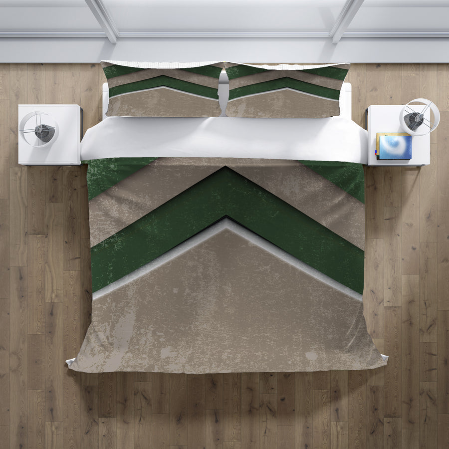 Green and Beige Chevron Geometric Pattern Duvet Cover