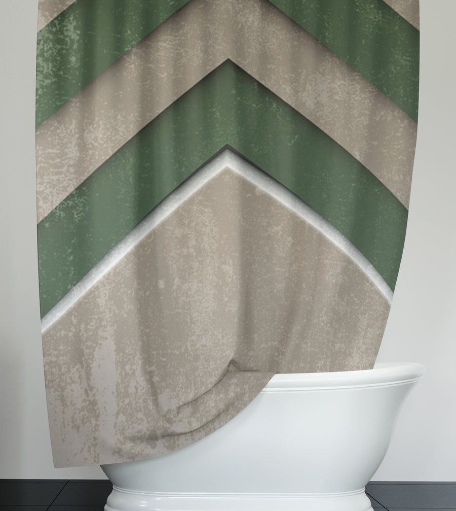 Green and Beige Chevron Geometric Pattern Shower Curtain