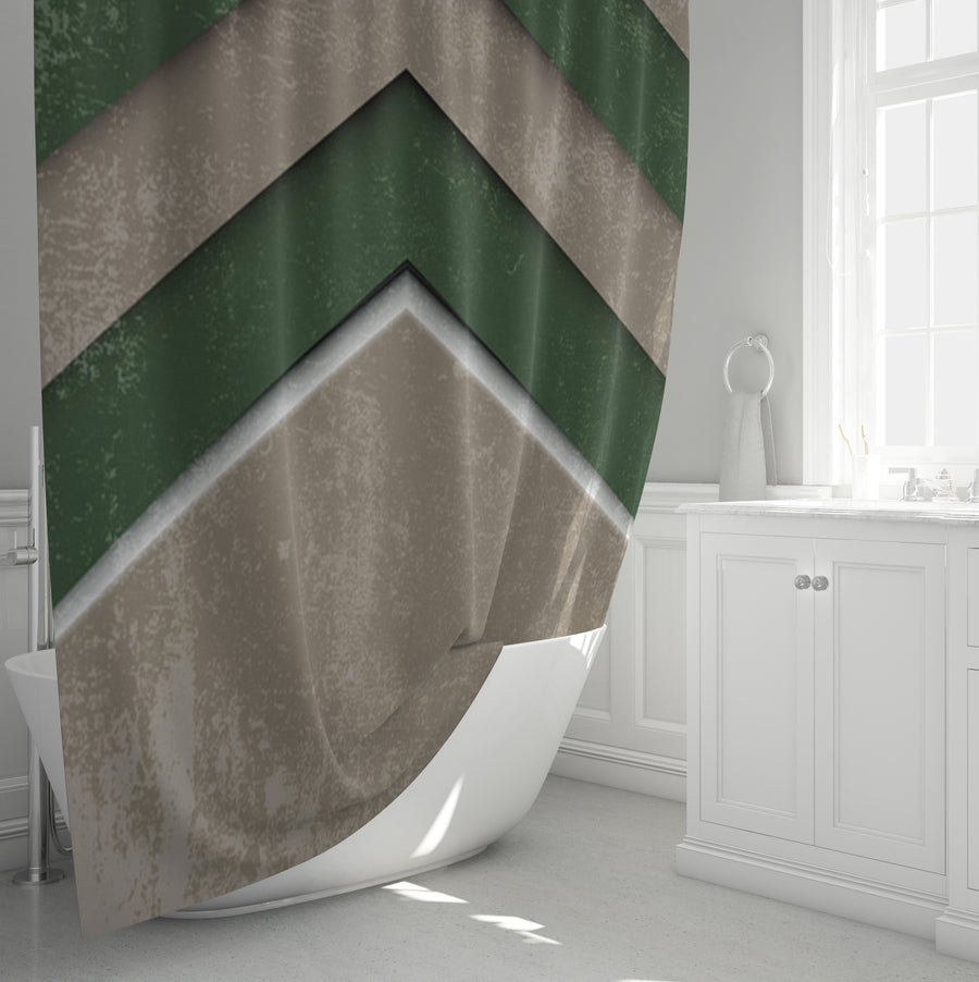Green and Beige Chevron Geometric Pattern Shower Curtain