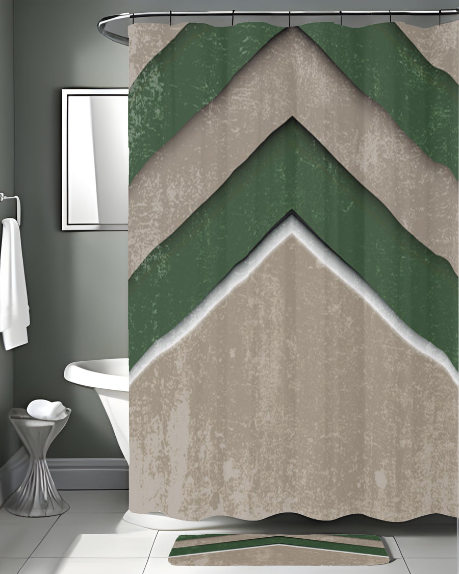 Green and Beige Chevron Geometric Pattern Shower Curtain