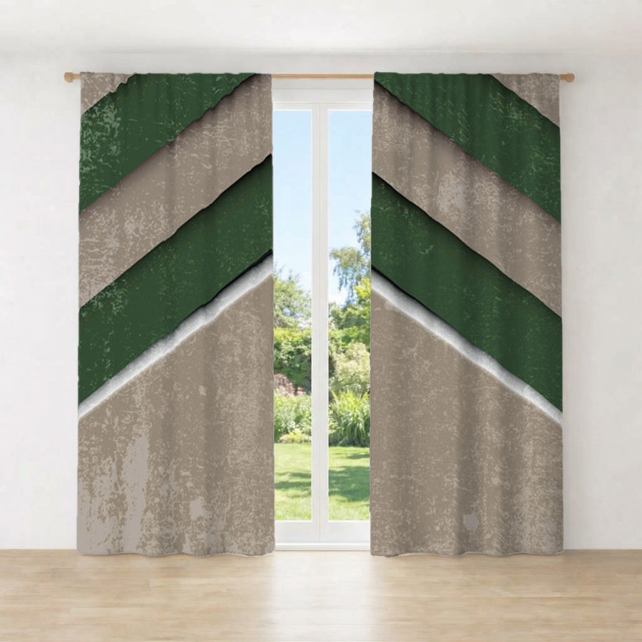 Green and Beige Chevron Geometric Pattern Window Curtains