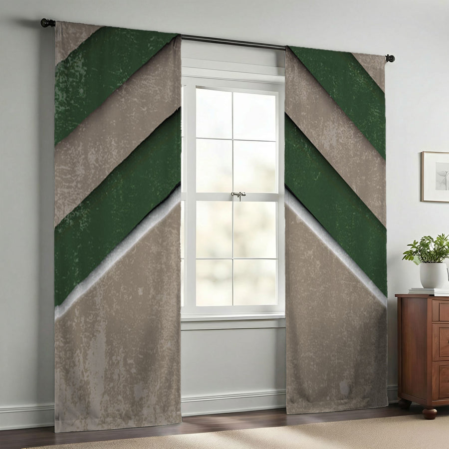 Green and Beige Chevron Geometric Pattern Window Curtains