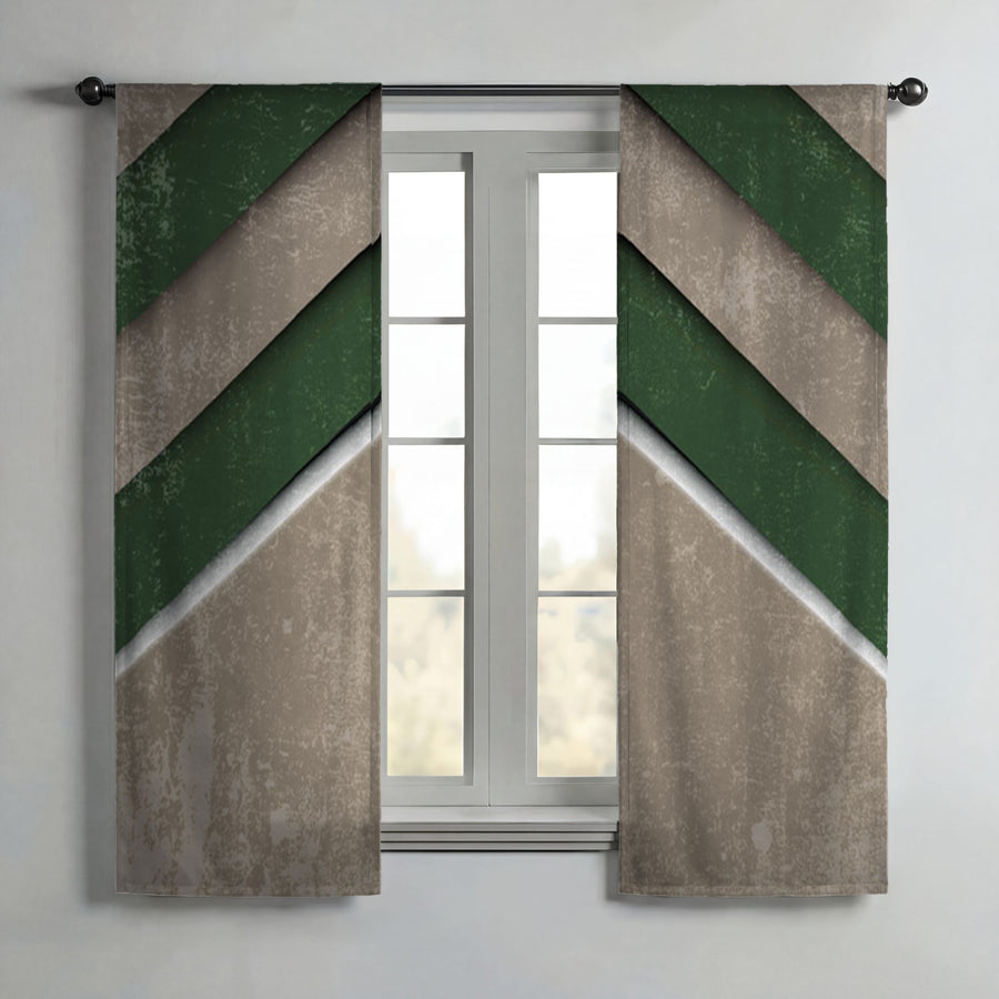 Green and Beige Chevron Geometric Pattern Window Curtains