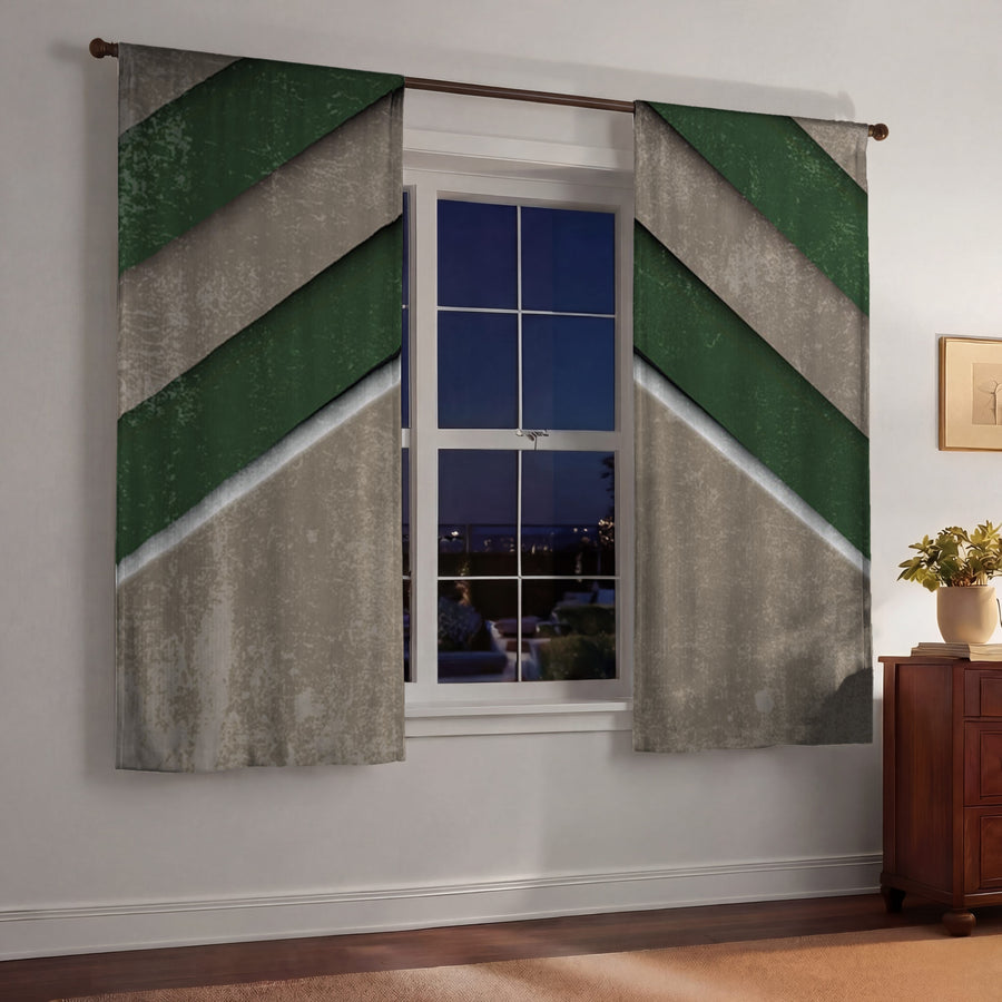 Green and Beige Chevron Geometric Pattern Window Curtains
