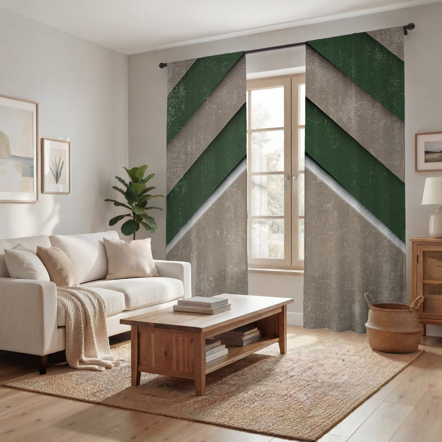 Green and Beige Chevron Geometric Pattern Window Curtains