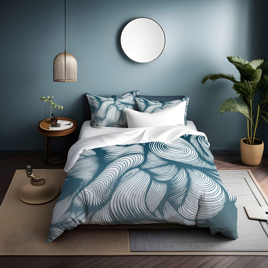 Teal Flowing Leaf Line Botanical Pattern Duvet Cover