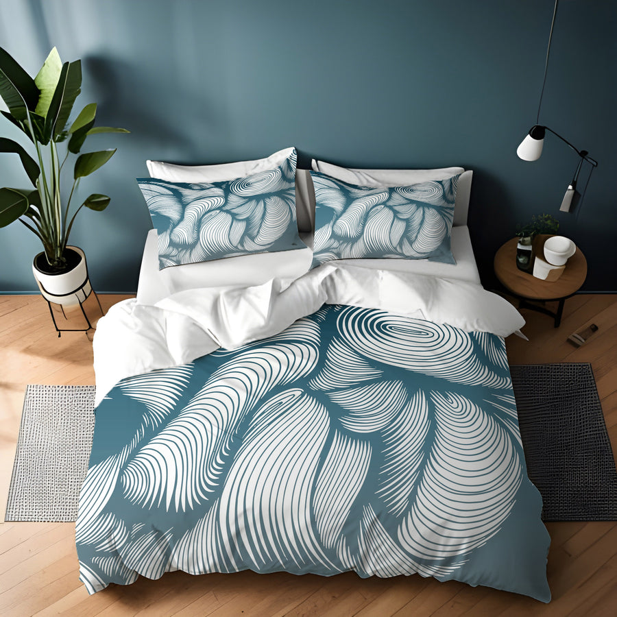 Teal Flowing Leaf Line Botanical Pattern Duvet Cover