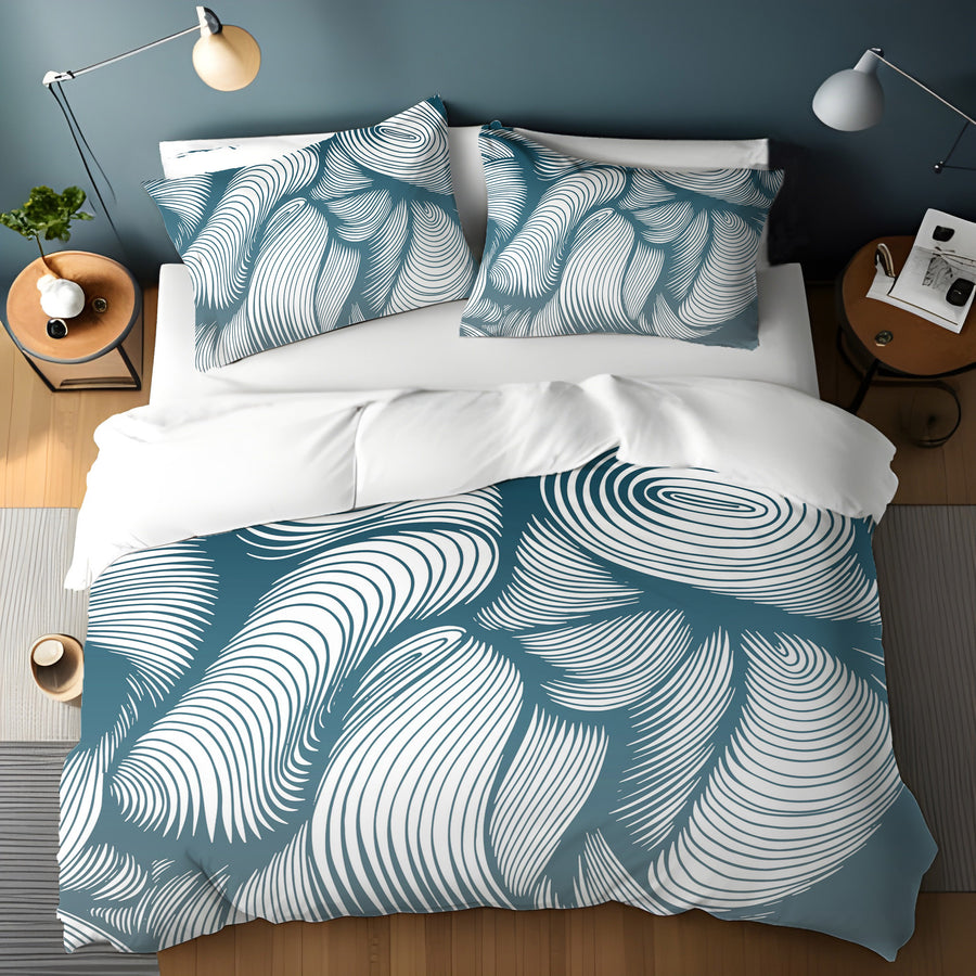 Teal Flowing Leaf Line Botanical Pattern Duvet Cover