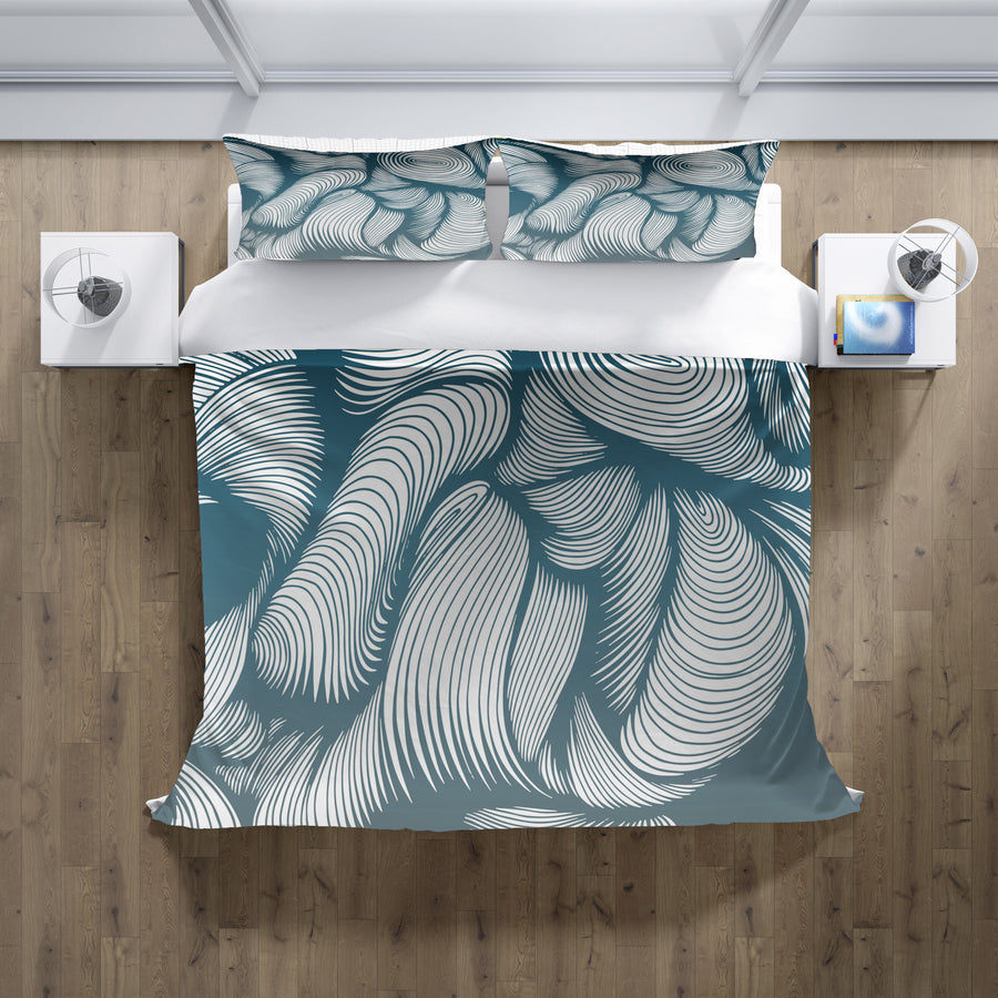 Teal Flowing Leaf Line Botanical Pattern Duvet Cover