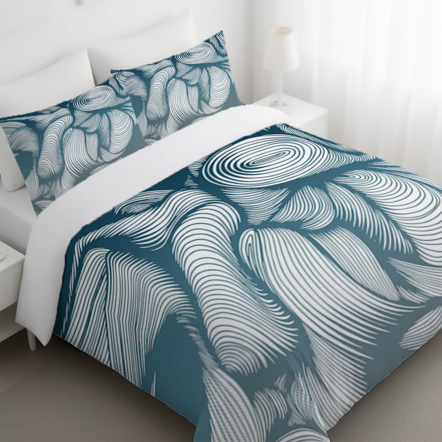 Teal Flowing Leaf Line Botanical Pattern Duvet Cover