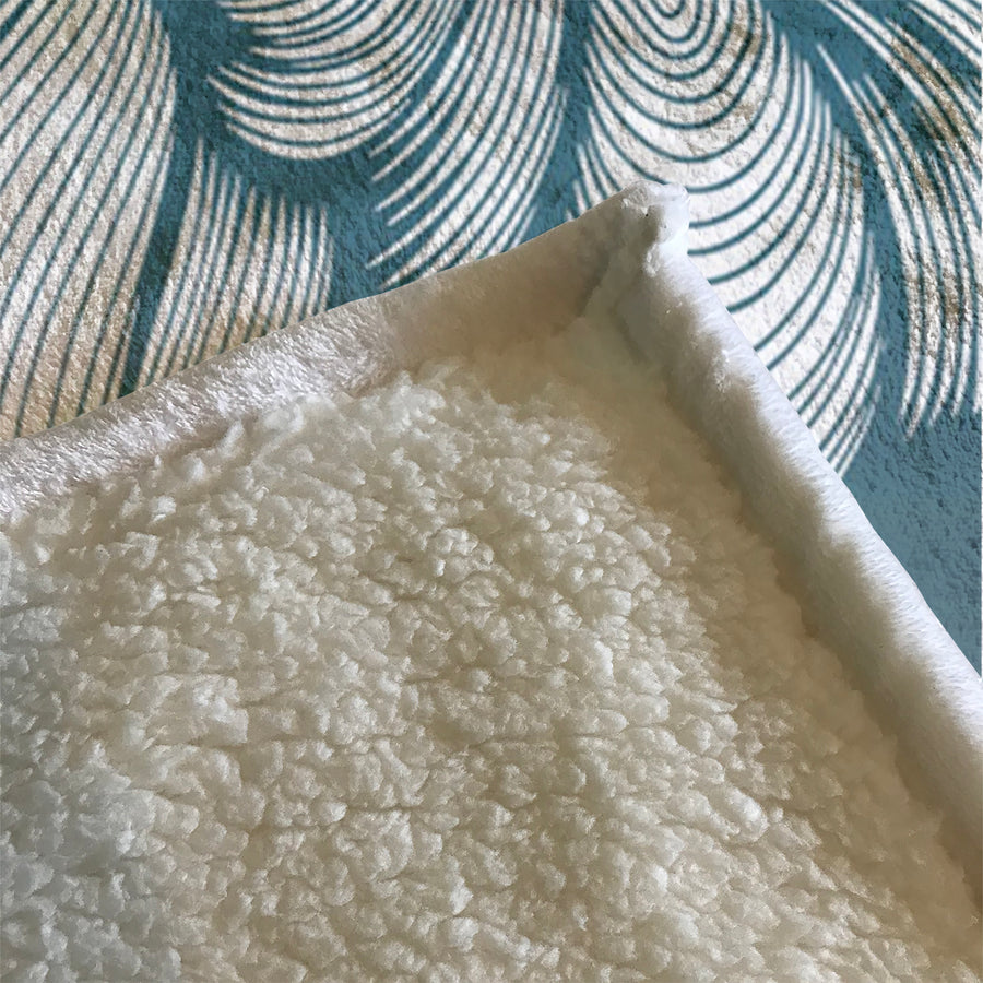 Teal Flowing Leaf Line Botanical Pattern Fleece Sherpa Blanket