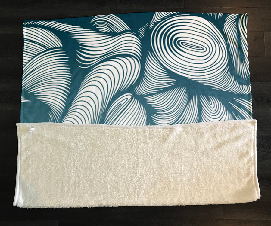 Teal Flowing Leaf Line Botanical Pattern Fleece Sherpa Blanket