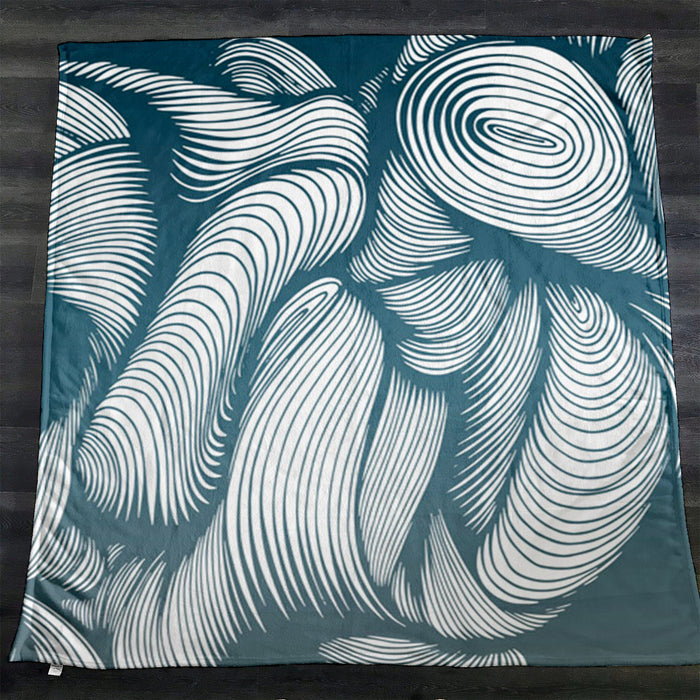 Teal Flowing Leaf Line Botanical Pattern Fleece Sherpa Blanket