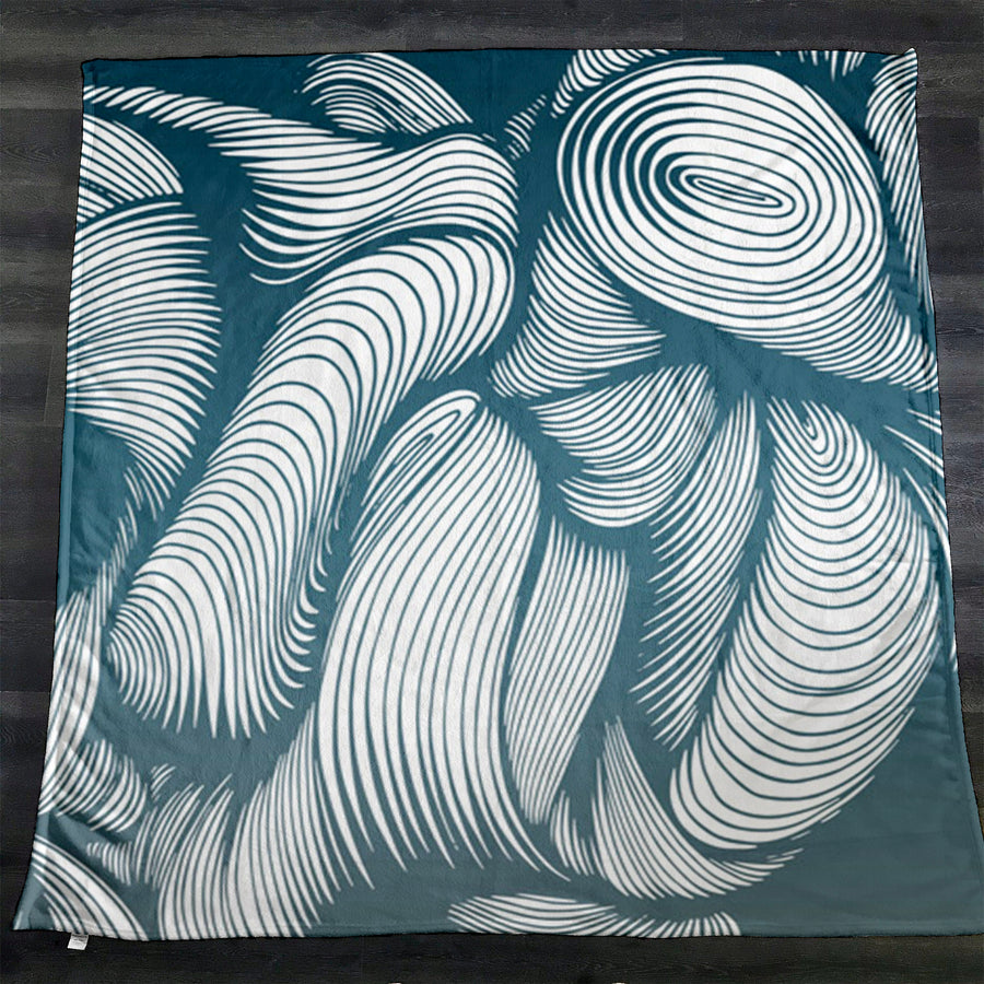Teal Flowing Leaf Line Botanical Pattern Fleece Sherpa Blanket