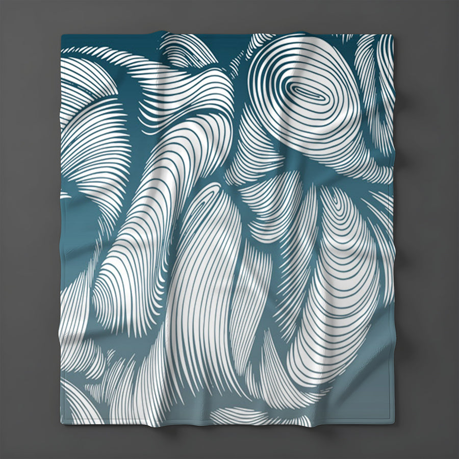 Teal Flowing Leaf Line Botanical Pattern Fleece Sherpa Blanket