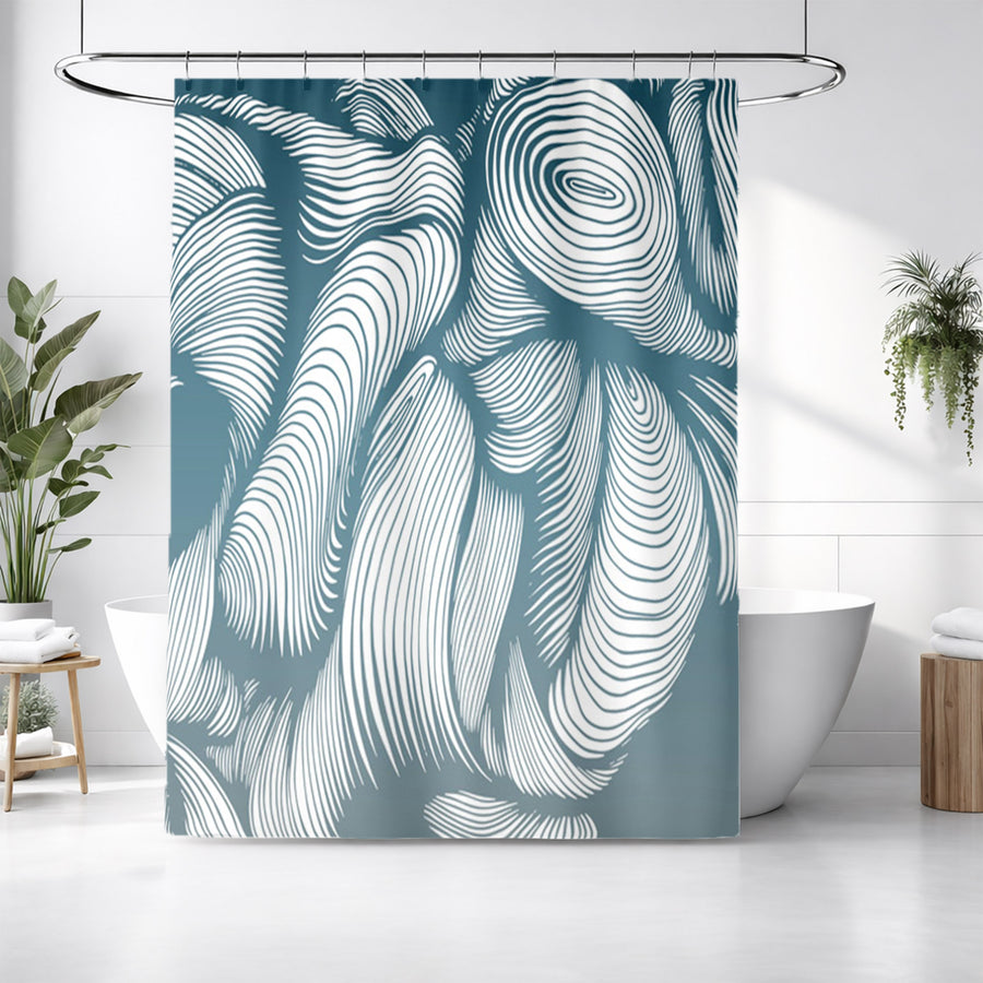 Teal Flowing Leaf Line Botanical Pattern Shower Curtain