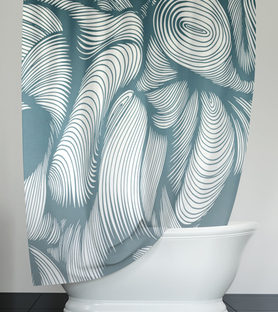 Teal Flowing Leaf Line Botanical Pattern Shower Curtain