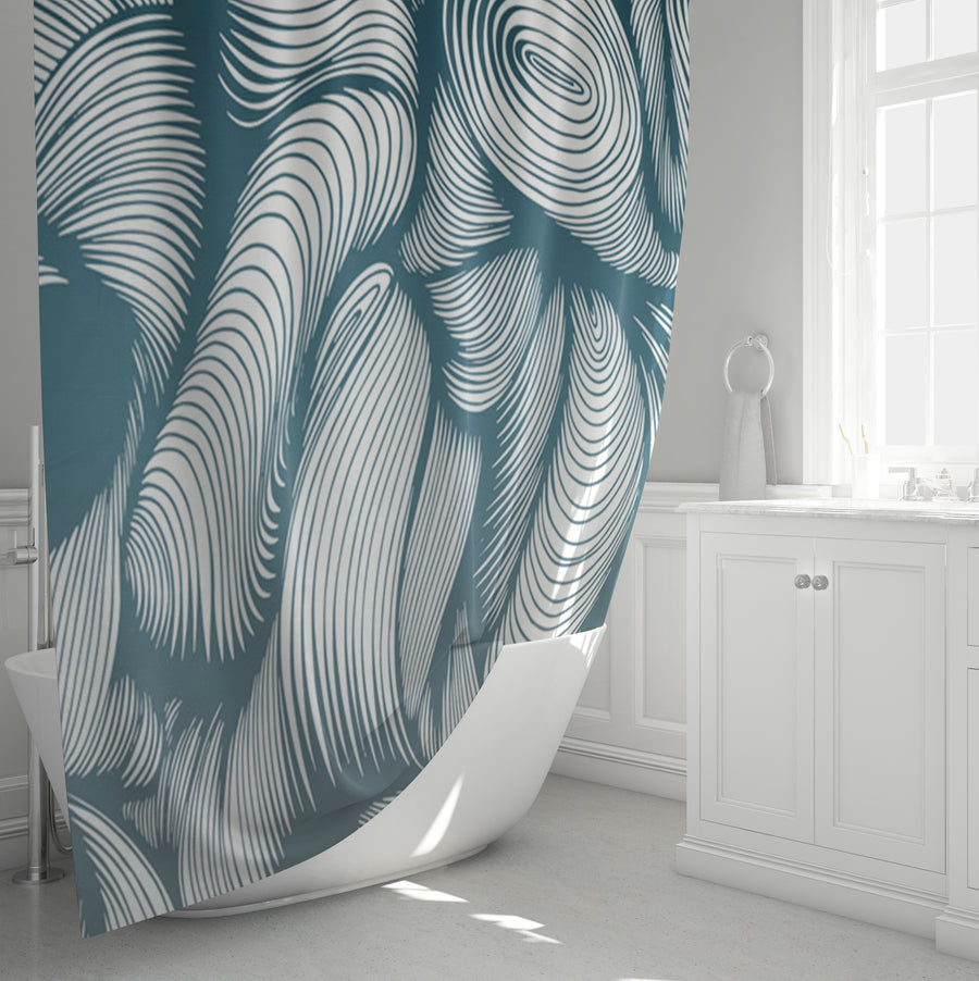 Teal Flowing Leaf Line Botanical Pattern Shower Curtain