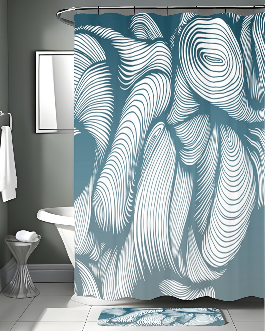 Teal Flowing Leaf Line Botanical Pattern Shower Curtain