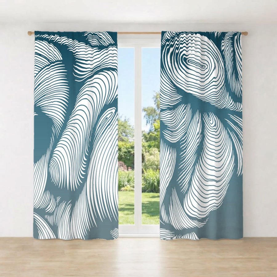 Teal Flowing Leaf Line Botanical Pattern Window Curtains