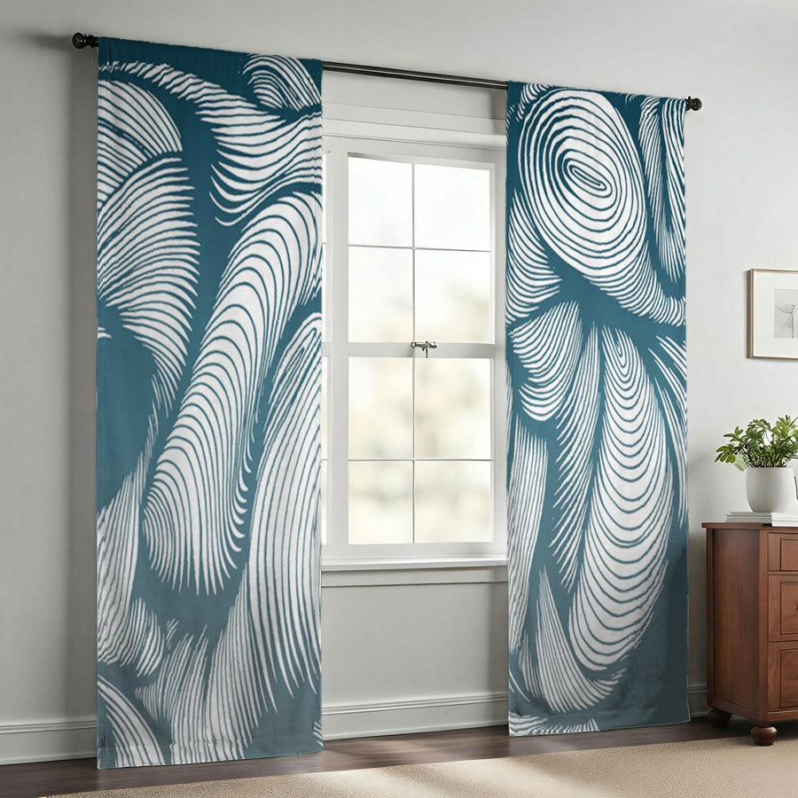 Teal Flowing Leaf Line Botanical Pattern Window Curtains