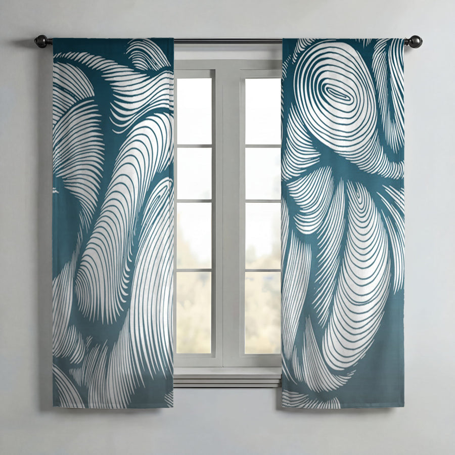 Teal Flowing Leaf Line Botanical Pattern Window Curtains