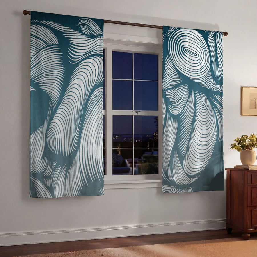 Teal Flowing Leaf Line Botanical Pattern Window Curtains