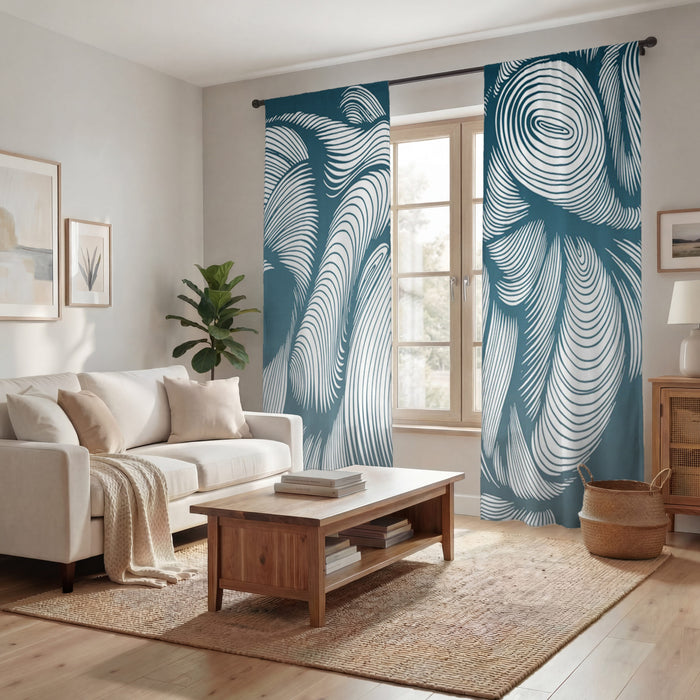 Teal Flowing Leaf Line Botanical Pattern Window Curtains