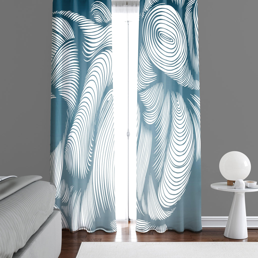 Blue and White Abstract Spiral Line Window Curtains - Deja Blue Studios