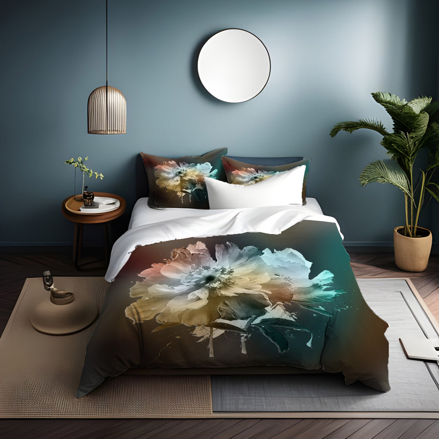 Soft White, Teal and Yellow Floral Bloom Artwork Duvet Cover