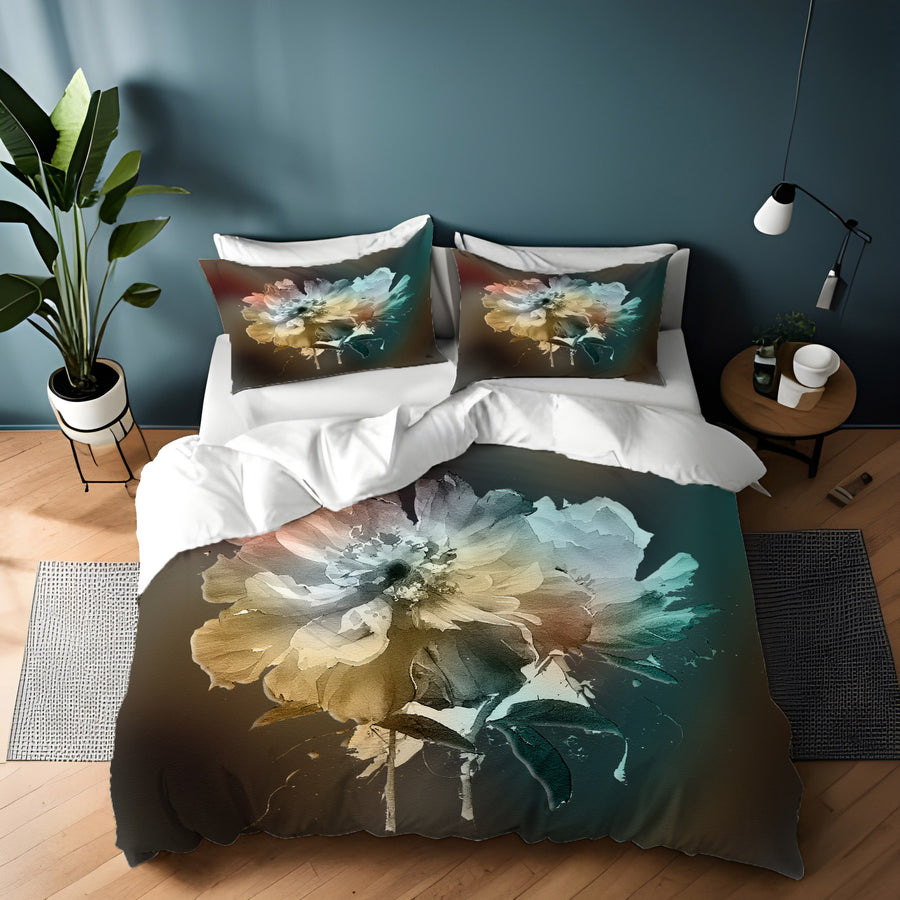 Soft White, Teal and Yellow Floral Bloom Artwork Duvet Cover