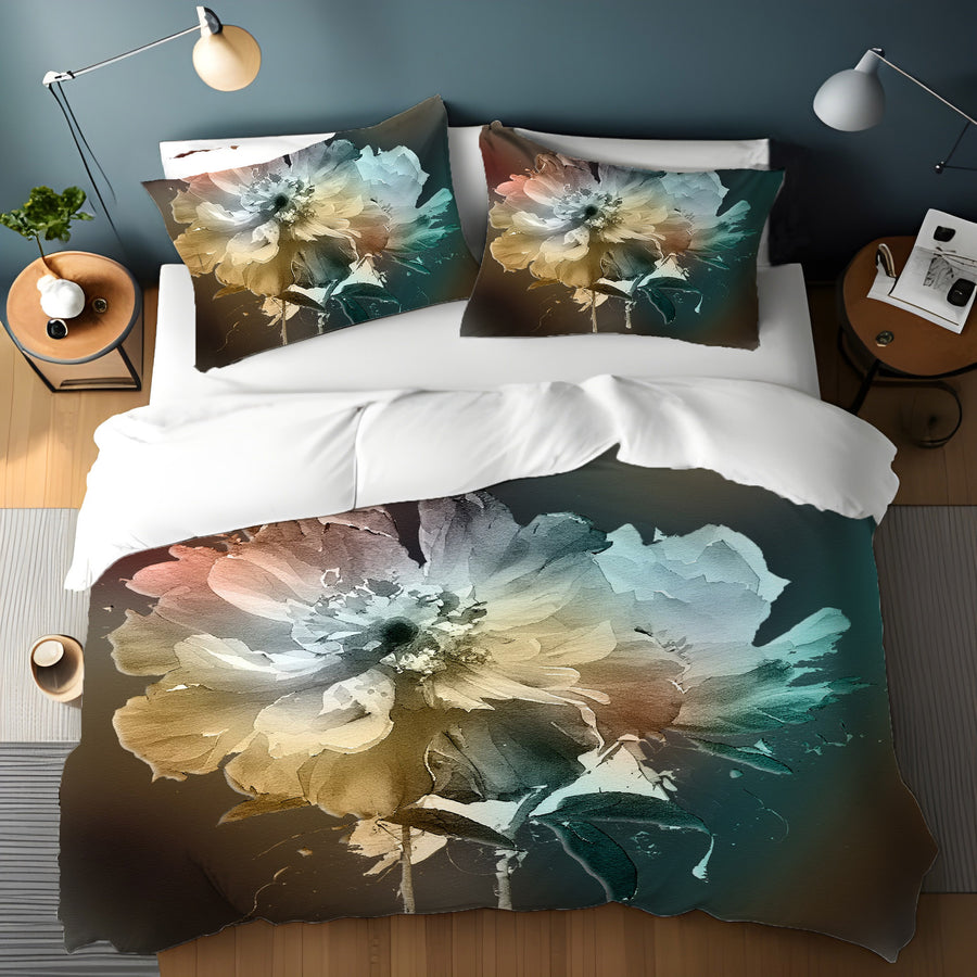Soft White, Teal and Yellow Floral Bloom Artwork Duvet Cover