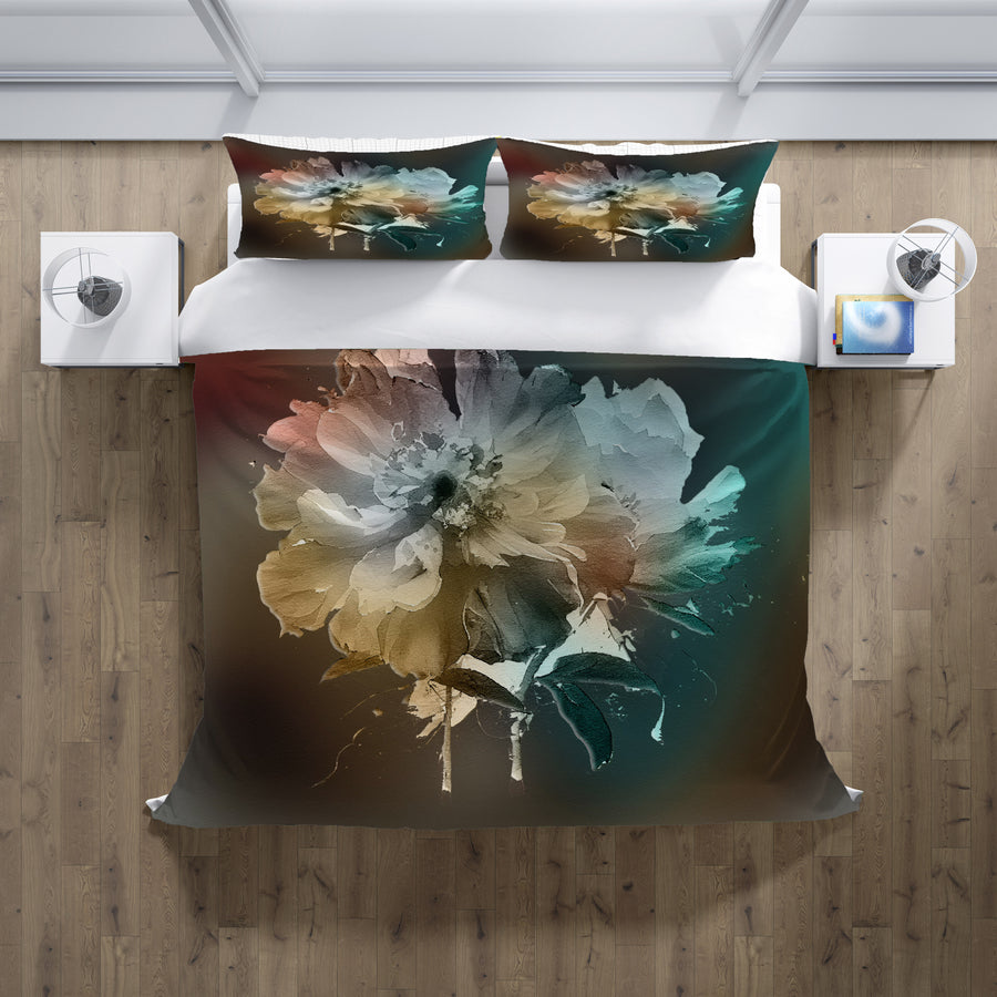 Soft White, Teal and Yellow Floral Bloom Artwork Duvet Cover