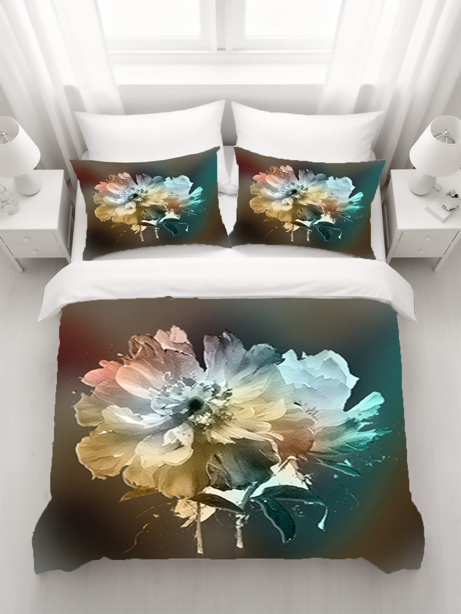 Soft White, Teal and Yellow Floral Bloom Artwork Duvet Cover