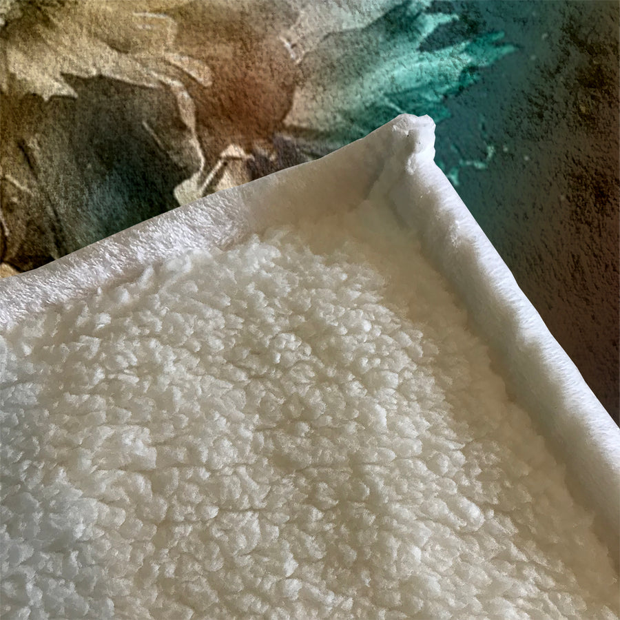 Soft White, Teal and Yellow Floral Bloom Artwork Fleece Sherpa Blanket