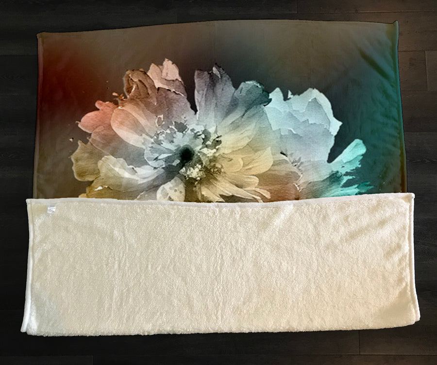 Soft White, Teal and Yellow Floral Bloom Artwork Fleece Sherpa Blanket