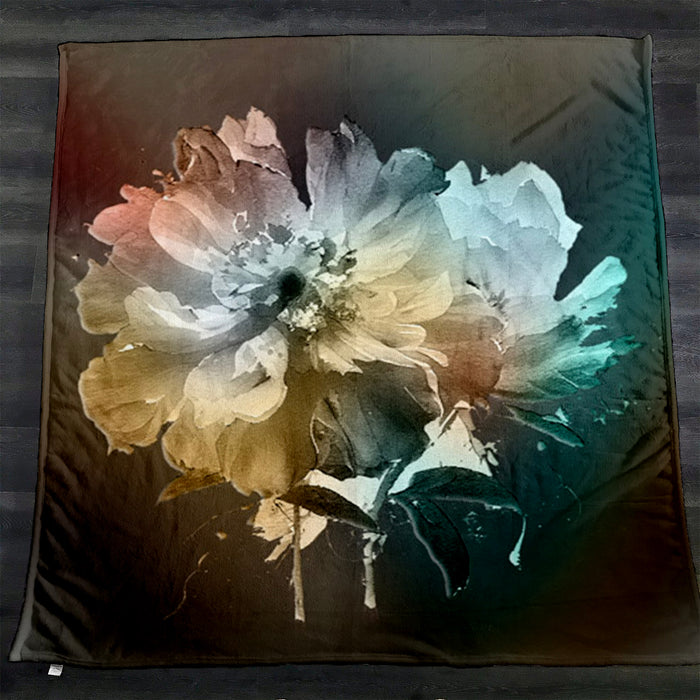 Soft White, Teal and Yellow Floral Bloom Artwork Fleece Sherpa Blanket