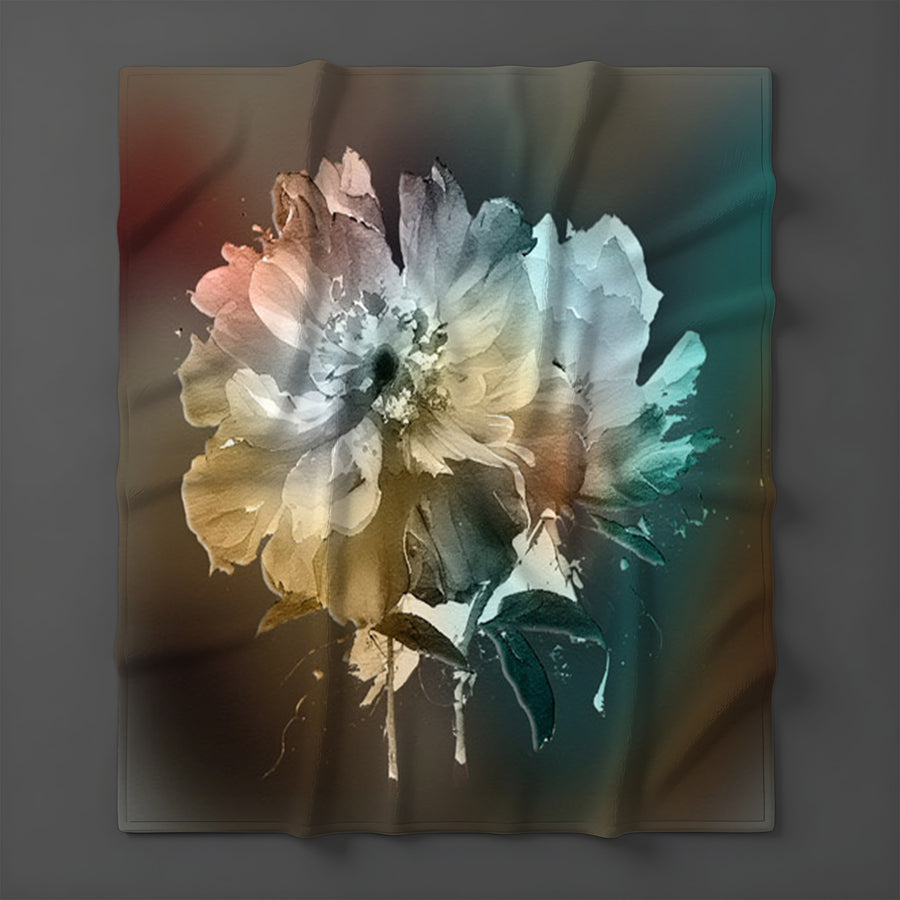 Soft White, Teal and Yellow Floral Bloom Artwork Fleece Sherpa Blanket
